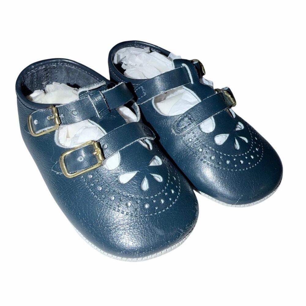 Vintage navy blue baby shoes double strap Maryjanes Mary Janes baby deer USA